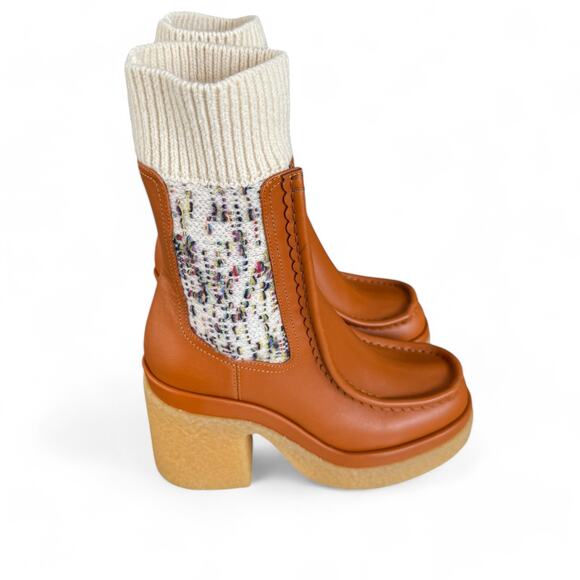 Chloe Jaime Sock Cuff Luminous Ochre Leather Ankle‎ Boots 37 Wide NWB $1225 - Picture 7 of 9